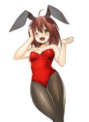 Rule 34 | 1girl, ahoge, animal ears, antenna hair, bad id, bad twitter id, bare shoulders, blush, breasts, brown hair, cleavage, collarbone, erubo, fake animal ears, female focus, happy, laughing, leotard, looking at viewer, medium breasts, one eye closed, open mouth, pantyhose, playboy bunny, rabbit ears, red leotard, short hair, simple background, sleeveless, smile, solo, standing, white background, wink, yellow eyes