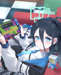 Rule 34 | 1girl, absurdres, aris (blue archive), asayakesan, black hair, black hairband, black skirt, blue archive, blue eyes, blush, checkered floor, closed mouth, collared shirt, commentary request, couch, green halo, hair between eyes, hairband, halo, handheld game console, highres, holding, holding handheld game console, indoors, jacket, long bangs, long hair, long hair between eyes, long sleeves, looking at viewer, on couch, open clothes, open jacket, pleated skirt, shirt, side ponytail, signature, sitting, skirt, smile, solo, white jacket, white shirt