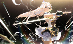 Rule 34 | 1girl, black background, blonde hair, bow, bowtie, braid, braided bangs, costor32, dress, elf, epic seven, finger cots, finger gloves, flower, gloves, hair flower, hair ornament, hairband, iseria (epic seven), jewelry, long hair, looking at viewer, multiple swords, pointy ears, ring, serious, sleeveless, sleeveless dress, solo, sword, thumb ring, very long hair, weapon, white bow, white bowtie, white dress, white flower, white gloves, white hairband, wristband