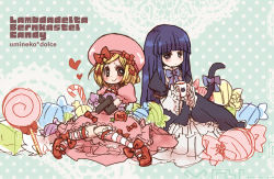 Rule 34 | 2girls, :&gt;, blonde hair, blush, bow, candy, candy cane, cat tail, character name, cup, dress, drinking glass, elbow gloves, english text, food, frederica bernkastel, gloves, hair ornament, hat, hat bow, heart, jitome, kneehighs, lambdadelta, lollipop, long hair, long sleeves, looking at viewer, mary janes, multiple girls, orange eyes, pink hat, pota417, pumpkin, purple hair, shoes, short hair, short sleeves, sitting, sketch, sleeves past wrists, smile, socks, striped clothes, striped legwear, striped socks, tail, tea, umineko no naku koro ni, wide sleeves