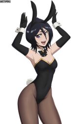 Rule 34 | 1girl, absurdres, animal ears, armpits, arms up, artist name, black bow, black gloves, black hair, black leotard, bleach, bow, bow choker, breasts, cleavage, covered navel, cowboy shot, elbow gloves, fake animal ears, fake tail, gloves, hair between eyes, highres, kuchiki rukia, leotard, long bangs, looking at viewer, mistowing, open mouth, pantyhose, playboy bunny, purple eyes, rabbit ears, rabbit pose, rabbit tail, short hair, small breasts, solo, tail, teeth, upper teeth only, white background, wrist cuffs
