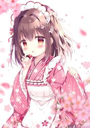 Rule 34 | 1girl, :o, azumi kazuki, bow, brown hair, character request, clothing request, eating, flower, gesture request, hair bow, hair ribbon, hands up, headband, highres, japanese clothes, kimono, looking at viewer, looking to the side, red bow, red ribbon, ribbon, simple background, solo, striped clothes, striped kimono, upper body, vertical-striped clothes, vertical-striped kimono, white background, white headband, yellow eyes