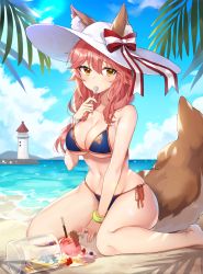 Rule 34 | 1girl, absurdres, animal ear fluff, animal ears, bare shoulders, barefoot, beach, between legs, bikini, blue bikini, blue sky, bow, bracelet, breasts, churi (oxxchurixxo), cleavage, cloud, collarbone, cup, day, drinking glass, ears through headwear, fate/grand order, fate (series), food, fox ears, fox girl, fox tail, groin, hat, hat bow, highres, holding, holding spoon, horizon, ice cream, jewelry, large breasts, leaf, lighthouse, long hair, looking at viewer, navel, ocean, outdoors, pink hair, pocky, side-tie bikini bottom, sitting, sky, solo, spill, spoon, stomach, sun hat, sunlight, swimsuit, tail, tamamo (fate), tamamo no mae (fate/extra), tamamo no mae (swimsuit lancer) (fate), tamamo no mae (swimsuit lancer) (third ascension) (fate), wariza, white hat, yellow eyes