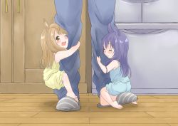 Rule 34 | 10s, 2girls, ;d, animal ears, barefoot, blue hair, blush, brown eyes, brown hair, camisole, cat ears, closed eyes, hugging another&#039;s leg, hugging own legs, kemonomimi mode, long hair, love live!, love live! school idol project, minami kotori, mini person, minigirl, multiple girls, one eye closed, open mouth, satsuma age, slippers, smile, sonoda umi