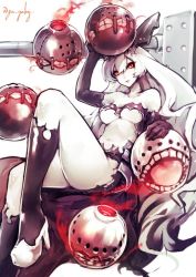 Rule 34 | 10s, 1girl, abyssal ship, anchorage princess, black socks, colored skin, floating fortress (kancolle), genyaky, high heels, kantai collection, kneehighs, long hair, looking at viewer, midriff, navel, open mouth, parted lips, red eyes, sitting, socks, teeth, tongue, weapon, white hair, white skin