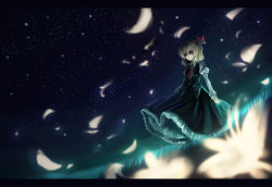 Rule 34 | 1girl, bad id, bad pixiv id, black sclera, blonde hair, colored sclera, dutch angle, embodiment of scarlet devil, eyeliner, female focus, hair ribbon, letterboxed, makeup, nature, necktie, night, night sky, outdoors, parsley-f, petals, petticoat, red eyes, ribbon, rumia, short hair, skirt, sky, smirk, solo, standing, touhou