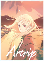 Rule 34 | 1girl, animal, bad id, bad pixiv id, blonde hair, dog, fence, highres, jacket, looking at viewer, monochrome, mountain, open clothes, open jacket, original, outdoors, red eyes, road, serious, solo, sunset, text focus, teyuruun, unbuttoned, upper body
