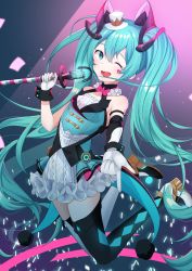 Rule 34 | 1girl, ;d, absurdres, arm strap, asymmetrical gloves, asymmetrical legwear, black thighhighs, blue eyes, blue hair, elbow gloves, floating hair, gloves, hair between eyes, hatsune miku, high-waist skirt, highres, holding, holding microphone, huge filesize, legs up, long hair, looking at viewer, magical mirai (vocaloid), magical mirai miku, magical mirai miku (2019), microphone, microphone stand, miniskirt, one eye closed, open mouth, rufe 0v0, skirt, smile, solo, thighhighs, uneven gloves, uneven legwear, very long hair, vocaloid, white gloves, white skirt, white thighhighs, zettai ryouiki