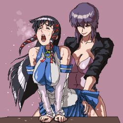 Rule 34 | 2girls, arm support, bare shoulders, black hair, blue skirt, breasts, breath, cleavage, closed eyes, clothed sex, cowboy shot, crossover, detached sleeves, doggystyle, futa with female, futanari, ghost in the shell, hair ornament, hairclip, implied futanari, implied sex, jacket, kusanagi motoko, large breasts, leotard, long hair, lowres, multiple girls, oekaki, open mouth, os-tan, pink leotard, pleated skirt, purple background, purple hair, rakugaki (artist), sex, sex from behind, short hair, sidelocks, simple background, skirt, smile, standing, sweat, sweatdrop, table, x hair ornament, xp-tan