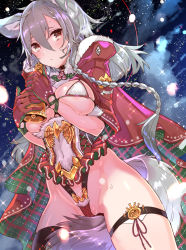 Rule 34 | 1girl, animal ears, bell, between legs, bikini, bikini top only, black thighhighs, blush, braid, breasts, brown eyes, cameltoe, closed mouth, coat, corset, covered navel, covering privates, covering crotch, cowboy shot, dutch angle, emblem, erect clitoris, frills, from below, fur trim, gloves, groin, highleg, holding, holly, light particles, long hair, looking at viewer, looking down, medium breasts, night, night sky, open clothes, open coat, original, outdoors, partially visible vulva, red bikini, red coat, red gloves, revealing clothes, silver hair, single thighhigh, skin tight, sky, sleeves past elbows, solo, standing, string bikini, sweat, swimsuit, tajima ryuushi, thigh strap, thighhighs, tsurime, underboob, winter clothes, winter coat