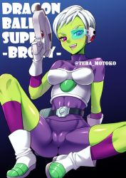 Rule 34 | 10s, 1girl, armor, artist request, boots, breasts, cheelai, colored skin, copyright name, curvy, dragon ball, dragon ball super, female focus, gloves, green-tinted eyewear, green eyes, green skin, gun, hip focus, large breasts, looking at viewer, partially visible vulva, scouter, short hair, simple background, sitting, smile, solo, sweat, thick thighs, thighs, tinted eyewear, weapon, white hair
