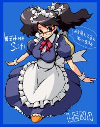 Rule 34 | 00s, 1girl, apron, blue background, blue border, blue dress, border, bow, bowtie, breasts, character name, closed mouth, cropped legs, dress, earrings, frills, glasses, hair bow, jewelry, lena sayers, long hair, looking at viewer, maid, maid apron, maid headdress, medium breasts, my-otome, my-otome s.ifr, over-rim eyewear, puffy short sleeves, puffy sleeves, red bow, red bowtie, semi-rimless eyewear, shirono, short sleeves, simple background, smile, solo, speech bubble, stud earrings, twintails, underbust, waist apron, white apron, wrist cuffs