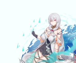 Rule 34 | 1girl, absurdres, angelfish, arknights, artist name, bare shoulders, black dress, black gloves, breasts, cleavage, cowboy shot, detached collar, detached sleeves, dress, fish, front ponytail, gloves, grey hair, highres, kerxeno, large breasts, layered dress, long hair, looking at viewer, low-tied long hair, no headwear, official alternate costume, parted lips, red eyes, short sleeves, signature, simple background, skadi (arknights), skadi the corrupting heart (arknights), skadi the corrupting heart (sublimation) (arknights), solo, thigh strap, tropical fish, very long hair, water, white background, white dress