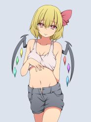 Rule 34 | 1girl, absurdres, alternate costume, bare shoulders, black shorts, blonde hair, blue background, breasts, casual, collarbone, commentary request, flandre scarlet, hair ribbon, highres, large breasts, looking at viewer, navel, red eyes, red ribbon, ribbon, shirt, short hair, shorts, simple background, smile, solo, suwaneko, tank top, touhou, white shirt, wings