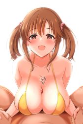 Rule 34 | 1boy, 1girl, :d, absurdres, blush, breasts, brown eyes, brown hair, cleavage, hair ornament, hair scrunchie, heart, heart-shaped pupils, heart necklace, hetero, highres, holding hands, idolmaster, idolmaster cinderella girls, interlocked fingers, large breasts, long hair, looking at viewer, necklace, open mouth, paizuri, penis, pink scrunchie, raindrop746079, scrunchie, simple background, smile, symbol-shaped pupils, totoki airi, twintails, white background