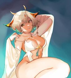 Rule 34 | 1girl, absurdres, antennae, arthropod girl, breasts, commentary, english commentary, hair between eyes, highres, indie virtual youtuber, insect girl, leotard, looking at viewer, medium breasts, moth girl, navel, parted lips, sanagi yuzu, short hair, smile, solo, teeth, thernz, virtual youtuber