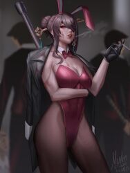 Rule 34 | 1girl, 2boys, abs, absurdres, arm under breasts, artist name, beidou (genshin impact), black gloves, black jacket, black pantyhose, blood, blood on face, blood splatter, blurry, blurry background, bow, bowtie, breasts, closed mouth, commentary, contrapposto, dated, detached collar, earrings, english commentary, eyepatch, eyeshadow, genshin impact, gloves, hair ornament, hairpin, highleg, highleg leotard, highres, injury, jacket, jacket on shoulders, jewelry, large breasts, leotard, long bangs, long hair, looking at viewer, makeup, medium breasts, meister staze, multiple boys, muscular, muscular female, pantyhose, parted lips, playboy bunny, red bow, red bowtie, red eyes, red eyeshadow, red leotard, sagging breasts, smoke, smoking, solo focus, strapless, strapless leotard, sword, weapon, weapon on back