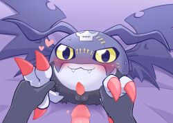 Rule 34 | bat wings, blush, claws, digimon, digimon (creature), driosawm, fangs, foot grab, heart, highres, imminent anal, imminent penetration, lying, on back, penis, picodevimon, skull, small penis, small testicles, stitches, sweatdrop, testicles, wings, yaoi, yellow eyes