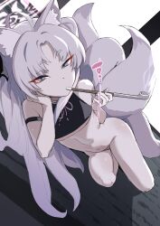Rule 34 | 1girl, absurdres, ahoge, animal ears, ass, bare shoulders, blue archive, bottomless, erory6 (ro), eyeliner, flat chest, fox ears, fox tail, grey eyes, grey hair, highres, kiseru, kuzunoha (blue archive), long hair, looking at viewer, lying, makeup, multiple tails, navel, on side, smoking pipe, solo, tail