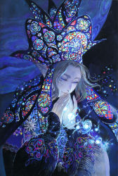 Rule 34 | 1boy, acrylic paint (medium), androgynous, blonde hair, blue eyes, blue theme, closed mouth, embroidery, eyelashes, glowing, glowing eyes, half-closed eyes, own hands clasped, hat, highres, jewelry, long sleeves, looking away, looking down, magic, male focus, micho, original, own hands together, painting (medium), pointy ears, praying, puffy long sleeves, puffy sleeves, sleeves past wrists, smile, solo, stained glass, traditional media, upper body, veil