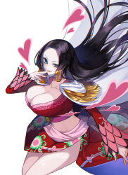 Rule 34 | 1girl, black hair, blue eyes, boa hancock, breasts, cleavage, crazy otama, dress, earrings, heart, highres, jewelry, large breasts, long hair, looking at viewer, midriff, navel, one piece, simple background, snake earrings, solo, white background