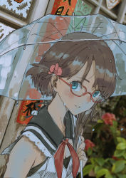 Rule 34 | 1girl, after rain, blue eyes, blurry, blurry background, breasts, brown hair, cleavage, depth of field, flower, glasses, grey sailor collar, hair flower, hair ornament, highres, holding, holding umbrella, looking at viewer, looking to the side, neckerchief, original, parted lips, pink flower, red-framed eyewear, red neckerchief, revision, sailor collar, school uniform, serafuku, short hair, solo, transparent, transparent umbrella, umbrella, upper body, vofan, water drop