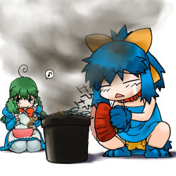 Rule 34 | 2girls, :3, animal, black eyes, blue hair, bow, bowl, bucket, closed eyes, cooking, crying, fish, food, gloves, green hair, grill, grilling, hand fan, inu-t, me-tan, multiple girls, musical note, os-tan, paper fan, quaver, shichirin, smoke, spoken musical note, squatting, tears, triangle mouth, uchiwa, yellow bow