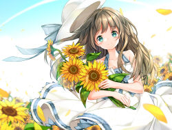 Rule 34 | 1girl, aqua eyes, bare arms, bare shoulders, blue bow, blue ribbon, blue sky, blurry, bouquet, bow, breasts, brown hair, cleavage, closed mouth, collarbone, commentary request, cowboy shot, day, depth of field, dress, dutch angle, field, flower, flower field, hat, hat ribbon, holding, holding bouquet, juna, long hair, looking at viewer, medium breasts, motion blur, original, outdoors, petals, ribbon, sky, sleeveless, sleeveless dress, smile, solo, standing, sun hat, sundress, sunflower, sunflower field, sunflower petals, tareme, white dress, white hat, wind