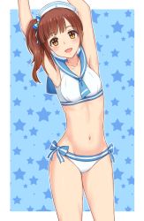 Rule 34 | 1girl, :d, anchor print, armpits, arms up, bikini, blue background, blue bow, blue neckerchief, bow, bow bikini, brown eyes, brown hair, commentary, cowboy shot, hair bow, hat, idolmaster, idolmaster cinderella girls, igarashi kyoko, kozeni isari, leaning to the side, long hair, looking at viewer, navel, neckerchief, one side up, open mouth, outside border, sailor bikini, sailor collar, sailor swimsuit (idolmaster), smile, solo, standing, star (symbol), starry background, swimsuit, thighs, white hat
