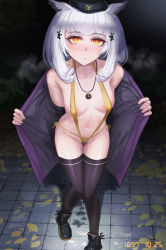 Rule 34 | 1girl, ankle boots, arknights, autumn leaves, bare shoulders, black footwear, black hat, black thighhighs, blunt bangs, blush, boots, breasts, bright pupils, cleavage, clock, closed mouth, collarbone, crotchless, crotchless swimsuit, exhibitionism, female pubic hair, ginkgo leaf, gino (gino h), grey hair, hat, highres, jacket, leaf, looking at viewer, medium breasts, night, off shoulder, one-piece swimsuit, open clothes, open jacket, opened by self, orange eyes, outdoors, owl ears, ptilopsis (arknights), pubic hair, public indecency, purple jacket, pussy juice, short hair, slingshot swimsuit, solo, steaming body, swimsuit, thighhighs, undressing, wading, yellow one-piece swimsuit, yellow slingshot swimsuit