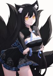 Rule 34 | 1girl, absurdres, animal ears, arms under breasts, black dress, black hair, blue ribbon, breast rest, breasts, cleavage, closed mouth, cowboy shot, crossed arms, dress, fox ears, fox girl, fox tail, hair between eyes, highres, kitsune, kyuubi, large breasts, leaning forward, long hair, long sleeves, looking at viewer, multiple tails, orange eyes, original, ppiya, ribbon, sidelocks, simple background, smile, solo, tail, very long hair, white background