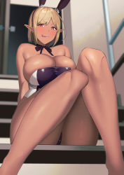 Rule 34 | 1girl, amano don, animal ears, bare shoulders, blonde hair, borrowed character, bow, bowtie, breasts, cleavage, commentary, dark-skinned female, dark skin, elf, fake animal ears, highres, large breasts, leotard, original, outdoors, playboy bunny, pointy ears, rabbit ears, railing, solo, stairs, thighs, tongue, tongue out, window, yellow eyes
