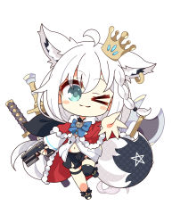 Rule 34 | &gt; o, 1girl, 7:08, absurdres, ahoge, animal ear fluff, animal ears, axe, black footwear, black shorts, black thighhighs, blush, braid, cape, chibi, commentary request, earrings, fox ears, fox girl, fox tail, fur-trimmed cape, fur trim, green eyes, gun, hair between eyes, highres, holding, holding gun, holding weapon, hololive, hood, hoodie, jewelry, leg up, long hair, looking at viewer, midriff, navel, one eye closed, outstretched arm, pentagram, red cape, shirakami fubuki, shirakami fubuki (1st costume), short shorts, shorts, sidelocks, simple background, single braid, single thighhigh, smile, solo, sword, tail, thigh strap, thighhighs, virtual youtuber, weapon, white background, white hair, white hoodie