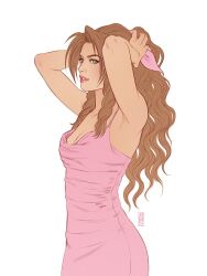 Rule 34 | 1girl, adjusting hair, aerith gainsborough, armpits, arms up, bow, breasts, brown hair, cleavage, dress, drill hair, eyelashes, final fantasy, final fantasy vii, green eyes, hair bow, highres, jen bartel, long hair, medium breasts, parted lips, pink dress, simple background, solo, spaghetti strap, square enix, twin drills, upper body, wavy hair, white background