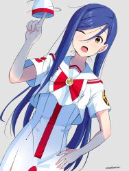 Rule 34 | 1girl, aika granzchesta, andanden, aria (manga), blue hair, bow, bowtie, breasts, brown eyes, commentary request, cowboy shot, dutch angle, eyelashes, grey background, hair between eyes, hand on own hip, hand up, highres, himeya company uniform, long hair, looking at viewer, one eye closed, open mouth, parted bangs, red bow, red bowtie, red headwear, sailor collar, shadow, short sleeves, side slit, signature, simple background, small breasts, solo, swept bangs, two-tone headwear, undine (aria), unworn headwear, upper body, white headwear