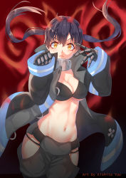 Rule 34 | 1girl, :&lt;, absurdres, artist name, baggy pants, bikini, bikini top only, black bikini, black coat, black gloves, black hair, breasts, clenched hand, coat, commentary, cowboy shot, en&#039;en no shouboutai, english commentary, fang, fang out, fiery ears, fiery tail, fire, firefighter, gloves, gradient background, grey pants, groin, hair between eyes, highres, hip vent, kishita yuu, large breasts, long sleeves, looking at viewer, navel, open clothes, open coat, pants, paw pose, red background, solo, swimsuit, tail, tamaki kotatsu, two side up, v-shaped eyebrows, yellow eyes