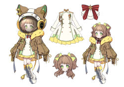 Rule 34 | 1girl, blush, boots, bow, brown coat, brown hair, closed mouth, coat, commentary request, creatures (company), dress, eyelashes, fur-trimmed coat, fur trim, game freak, gen 8 pokemon, green bow, green eyes, hair bow, helmet, highres, laces, looking at viewer, moe (hamhamham), multiple views, nintendo, open clothes, open coat, personification, pokemon, smile, space helmet, white background, white footwear, yamper