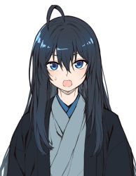 Rule 34 | 1boy, ahoge, androgynous, asugano subaru, blue eyes, blue hair, commentary request, grey kimono, hair between eyes, haori, japanese clothes, kimono, long hair, looking at viewer, male focus, open mouth, original, simple background, solo, sweatdrop, very long hair, white background, yagi (ningen)