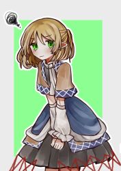 Rule 34 | 1girl, absurdres, annoyed, black dress, blonde hair, brown capelet, capelet, chinese commentary, closed mouth, commentary, detached sleeves, dress, flat chest, frilled sleeves, frills, green eyes, highres, medium hair, mizuhashi parsee, pointy ears, scarf, solo, squiggle, tearing up, touhou, v-shaped eyebrows, white scarf, white sleeves, yuejinlin