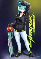 Rule 34 | 1girl, aqua hair, arm above head, artificial eye, black footwear, black jacket, blue bra, bra, breasts, colored sclera, colored skin, commentary, copyright name, cyberpunk (series), cyberpunk edgerunners, fewer digits, full body, highres, jacket, leaning on weapon, leg tattoo, leppib, mechanical eye, mechanical hands, medium hair, neck tattoo, oversized forearms, oversized limbs, partially unzipped, petite, rebecca (cyberpunk), red pupils, red sclera, samurai jacket (cyberpunk), shoes, small breasts, solo, tattoo, twintails, underwear, unfinished, white background, white skin, yellow eyes