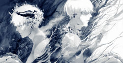 Rule 34 | 2boys, black background, blue theme, bone, closed eyes, closed mouth, commentary request, crown, flower, from side, glasses, grey background, greyscale, hair flower, hair ornament, highres, holding hands, horns, kaneki ken, koujima shikasa, male focus, monochrome, multiple boys, profile, short hair, spine, tokyo ghoul, tokyo ghoul:re