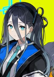 Rule 34 | 1girl, absurdres, aris (blue archive), bad id, bad pixiv id, black hair, black hairband, black jacket, blue archive, blue eyes, blue halo, blue necktie, closed mouth, collared shirt, colored inner hair, commentary, gradient hair, green background, grey hair, hair between eyes, hairband, halo, highres, jacket, long hair, long hair between eyes, looking at viewer, multicolored hair, nang z1, necktie, one side up, open clothes, open jacket, shirt, simple background, sketch, solo, twitter username, white shirt, zipper