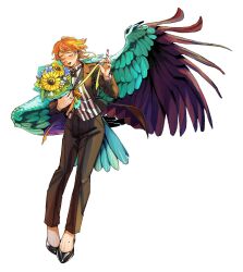 Rule 34 | 1girl, bird girl, bird tail, bird wings, black footwear, blue hair, blue wings, bouquet, brown jacket, brown pants, brown suit, closed eyes, coattails, ear piercing, earrings, fangs, feathered wings, fingernails, flower, formal, freckles, full body, hands up, high heels, highres, holding, holding bouquet, jacket, jewelry, long fingernails, long sleeves, mole, mole under mouth, multicolored hair, multiple rings, open mouth, orange hair, original, pants, piercing, pigeon-toed, red nails, ring, rra (yj), short hair, simple background, solo, standing, streaked hair, suit, sunflower, tail, white background, wings