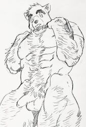Rule 34 | 1boy, :p, abs, animal ears, arm hair, bara, bare pectorals, bottomless, chest hair, clothes lift, crotch, dickfish (fishismdick), dog boy, dog ears, feet out of frame, fluffy, foreshortening, foreskin, from below, furrification, furry, furry male, hairy, half-erect, highres, john rottweil (dickfish), large pectorals, leg hair, lifting own clothes, male focus, male pubic hair, muscular, muscular male, naked shirt, navel, navel hair, nipples, original, pectorals, penis, pubic hair, scan, shirt, shirt lift, short hair, sideburns, sketch, solo, stomach, thick eyebrows, thick thighs, thighs, tongue, tongue out, traditional media, undressing