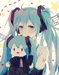 Rule 34 | 1girl, ahoge, aqua eyes, aqua hair, black sleeves, blush, closed mouth, commentary request, detached sleeves, hair between eyes, hatsune miku, heart, highres, holding, holding stuffed toy, ihoku nina, long hair, looking at viewer, mixed-language commentary, musical note, shirt, sleeveless, sleeveless shirt, solo, stuffed toy, twintails, twitter username, upper body, vocaloid, white shirt