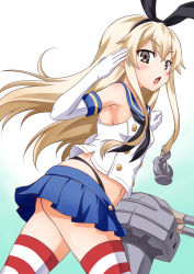 Rule 34 | 1girl, akou roushi, ass, blonde hair, breasts, grey eyes, kantai collection, long hair, navel, open mouth, shimakaze (kancolle), sideboob, simple background, skirt
