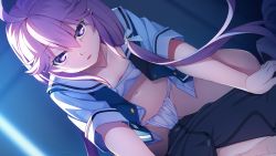 Rule 34 | 1boy, 1girl, bag, breasts, cleavage, collarbone, dutch angle, floating hair, game cg, girl on top, grisaia (series), grisaia phantom trigger, hair between eyes, highres, ikoma murasaki, long hair, looking at viewer, navel, official art, open clothes, open shirt, pink hair, pov, purple eyes, sailor collar, sarashi, shirt, short sleeves, small breasts, very long hair, watanabe akio, white sailor collar, white shirt