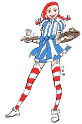 Rule 34 | 1girl, alternate costume, braid, burger, cosplay, dress, food, french fries, hairline, jinx (league of legends), league of legends, leng wa guo, mascot, red eyes, red hair, ribbon, smirk, soft drink, solo, striped clothes, striped dress, striped thighhighs, thighhighs, tongue, tongue out, twin braids, wendy&#039;s, wendy (wendy&#039;s), wendy (wendy&#039;s) (cosplay)