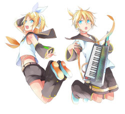 Rule 34 | 1boy, 1girl, :o, bad id, bad pixiv id, blonde hair, blue eyes, brother and sister, instrument, jumping, kagamine len, kagamine rin, keytar, looking at viewer, looking back, nnyu, open mouth, short hair, siblings, simple background, twins, vocaloid