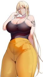 Rule 34 | 1girl, absurdres, amano don, bare shoulders, black camisole, blonde hair, breasts, camisole, cleavage, collarbone, grey eyes, highres, large breasts, long hair, looking at viewer, mask, mouth mask, original, pants, solo, thighs, white background, yellow pants